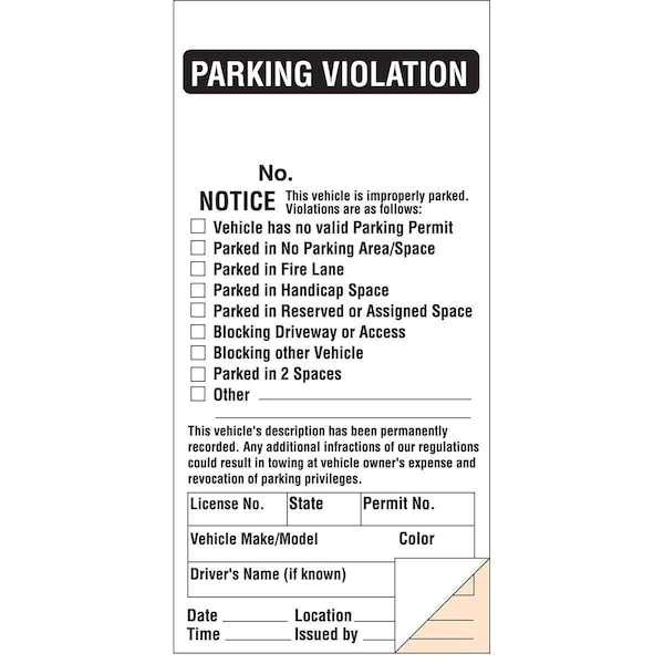 Brady Parking Violation Ticket, 8in H x 4in W, Black on White, 100PK 103649 - main